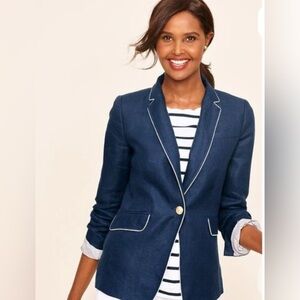 Talbots Navy Linen Blazer with Shite Trim, 8